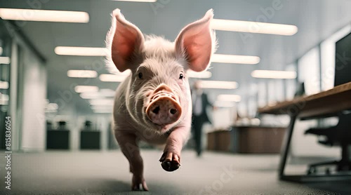 Schwein rennt durchs Büro Mitarbeiter versucht es zu fangen photo