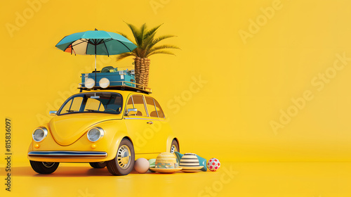 A car with summer vacation accessories on top, yellow minimal background, concept space for a banner design in the style of copy space, summer travel and holiday advertising concept, 3d render style