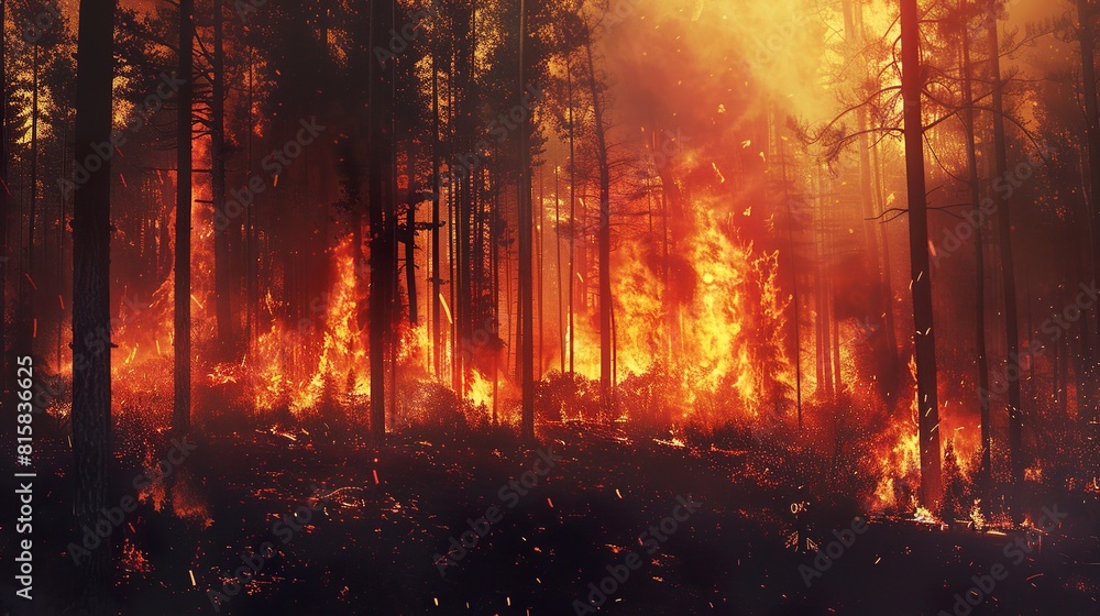 Forest fire, trees burn and smoke, view from above Forest fire, trees burn and smoke, view from above