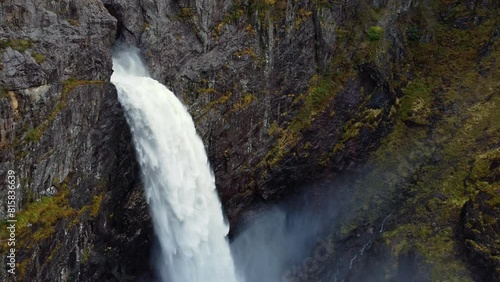 Breathtaking aerial view of the huge waterfall and the valley that surrounds it. Bird's eye view. Norway, Manafossen. photo