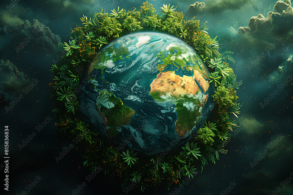 A vibrant blue and green Earth globe with lush vegetation, symbolizing environmental world protection, ecological conservation, and the message of A vibrant blue and green Earth globe with lush vegetation, symbolizing environmental world protection, ecological conservation, and the message of