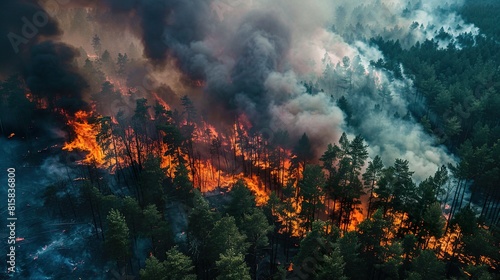 Forest fire, trees burn and smoke, view from above
