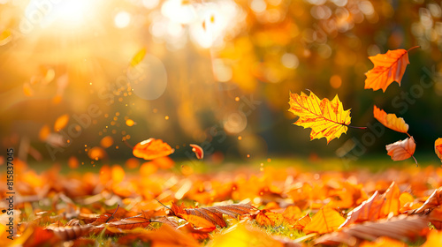 Autumn banner with colorful red fallen leaves background.
