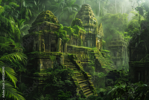Majestic ancient ruins rising from the heart of a verdant jungle, with moss-covered stones, intricate carvings, and towering temple spires. photo