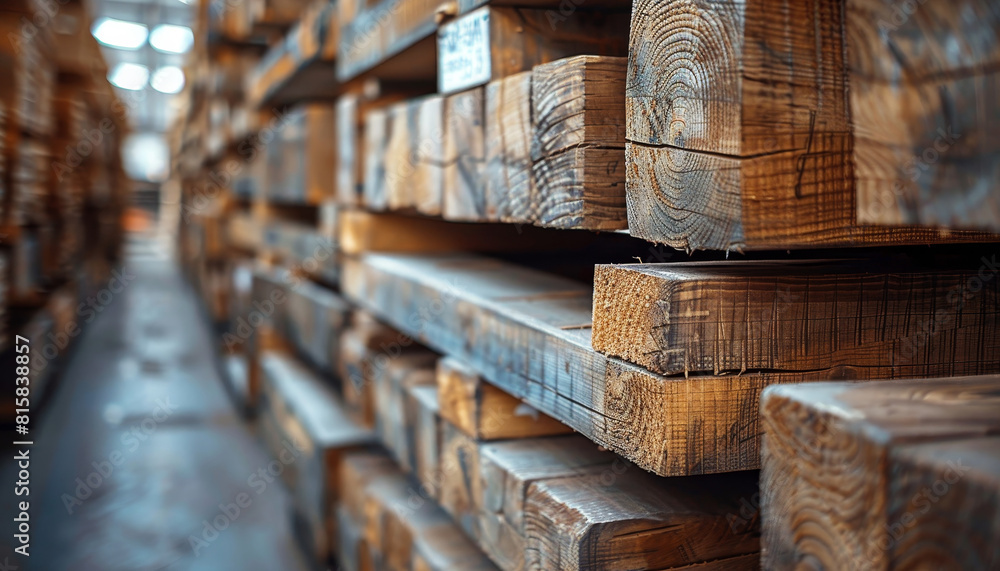 A stack of wood is piled high in a warehouse by AI generated image A stack of wood is piled high in a warehouse by AI generated image