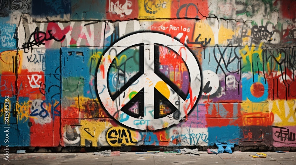 Obraz premium Bold Anti-War Statement: Symbol of Peace Amidst Graffiti Art. In the midst of a graffiti wall adorned with colorful blocks of paint, a striking anti-war symbol is painted prominently in the center. 