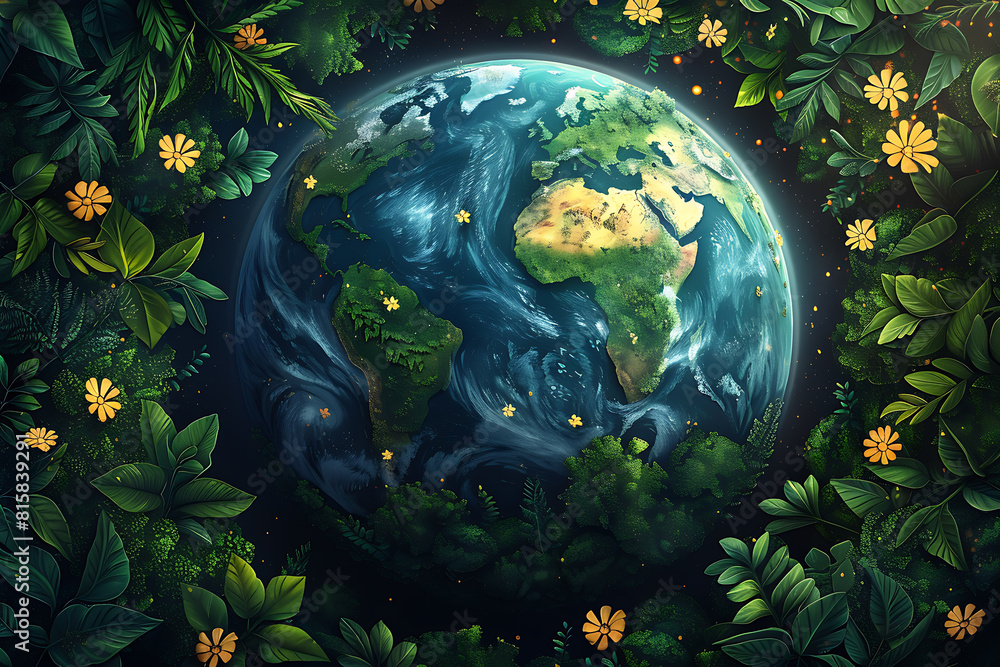 A vibrant blue and green Earth globe with lush vegetation, symbolizing environmental world protection, ecological conservation, and the message of 