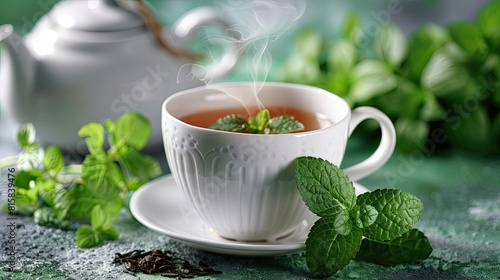 Cup of tea with teapot and fresh greens AI generated