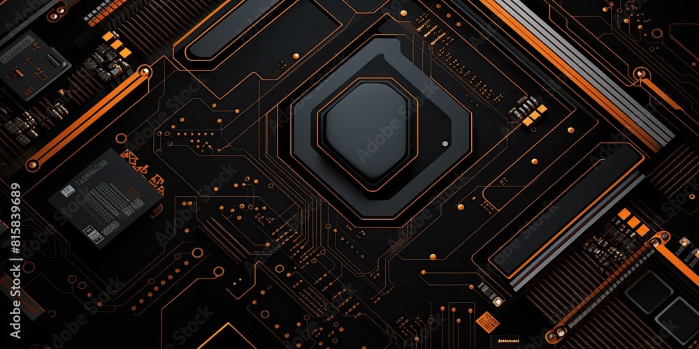 Intricate Black and Orange Circuit Board Pattern with Lines and Dots Intricate Black and Orange Circuit Board Pattern with Lines and Dots