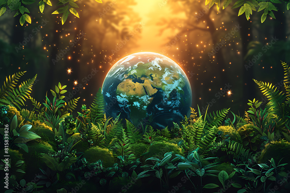 A vibrant blue and green Earth globe with lush vegetation, symbolizing environmental world protection, ecological conservation, and the message of A vibrant blue and green Earth globe with lush vegetation, symbolizing environmental world protection, ecological conservation, and the message of