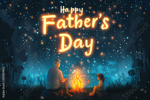 A gentle night scene with a campfire in a clearing, where a father and child might sit. Above, "Happy Father's Day" is clearly illuminated in glowing letters against the starry backdrop.