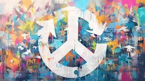 Bold Anti-War Statement: Symbol of Peace Amidst Graffiti Art. In the midst of a graffiti wall adorned with colorful blocks of paint, a striking anti-war symbol is painted prominently in the center. 
