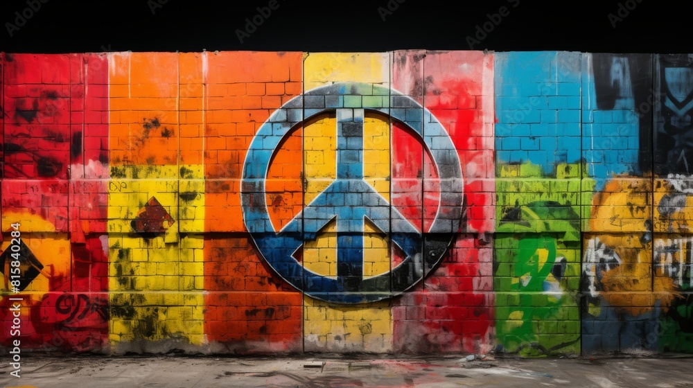 Obraz premium Bold Anti-War Statement: Symbol of Peace Amidst Graffiti Art. In the midst of a graffiti wall adorned with colorful blocks of paint, a striking anti-war symbol is painted prominently in the center. 