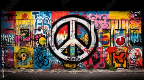 Bold Anti-War Statement: Symbol of Peace Amidst Graffiti Art. In the midst of a graffiti wall adorned with colorful blocks of paint, a striking anti-war symbol is painted prominently in the center. 