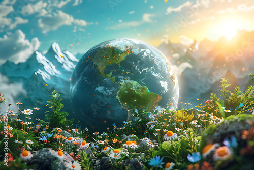 A vibrant blue and green Earth globe with lush vegetation  symbolizing environmental world protection  ecological conservation  and the message of  Save the Planet  for Earth Day