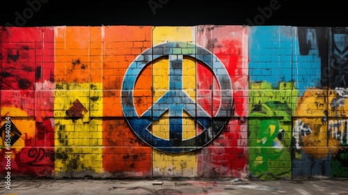 Bold Anti-War Statement: Symbol of Peace Amidst Graffiti Art. In the midst of a graffiti wall adorned with colorful blocks of paint, a striking anti-war symbol is painted prominently in the center. 