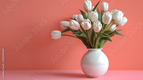 A vase with white tulips on an empty peach background  front view. 