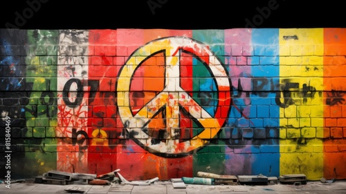 Bold Anti-War Statement: Symbol of Peace Amidst Graffiti Art. In the midst of a graffiti wall adorned with colorful blocks of paint, a striking anti-war symbol is painted prominently in the center. 