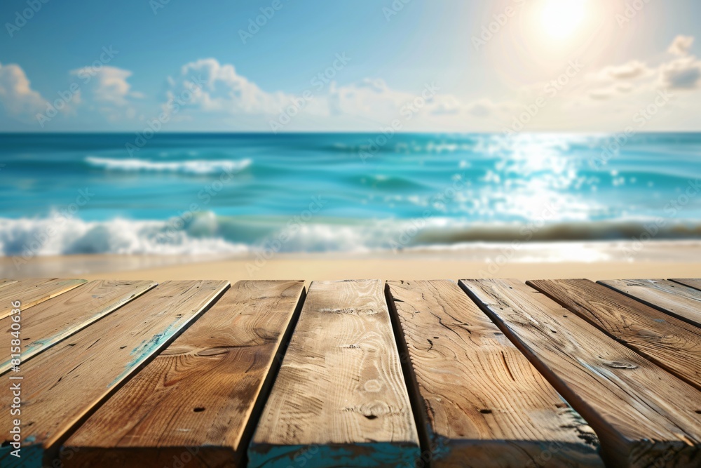 Brown wooden table for product presentations Contrasting with the background of the brightly colored beach and sea, in the sky, the sun and clouds.