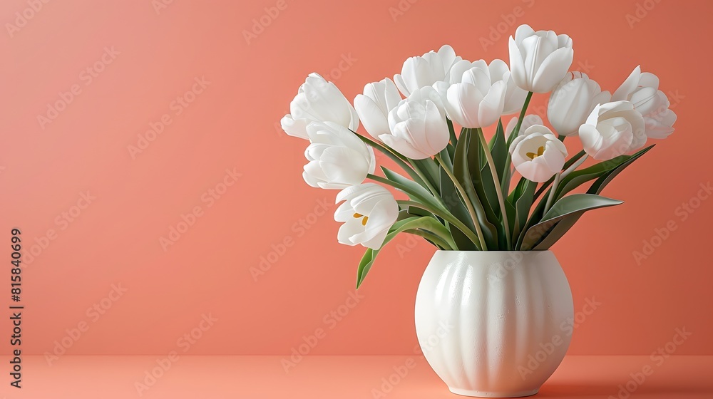 A vase with white tulips on an empty peach background, front view.
