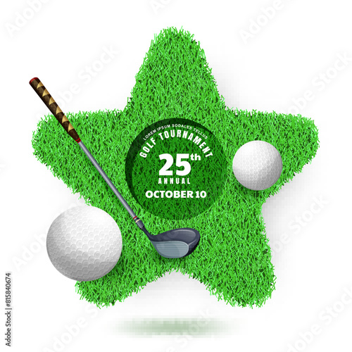 Golf club tournament, poster banner design template. Star shape golf course with balls and clubs. Vector cartoon illustration isolated on white background