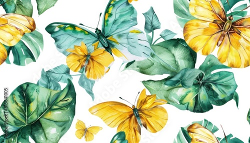Watercolor Floral and Butterfly Pattern.