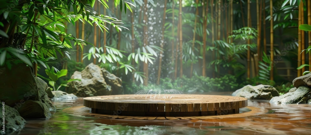 Natural rock podium with water surround with bamboo environment AI generated Natural rock podium with water surround with bamboo environment AI generated