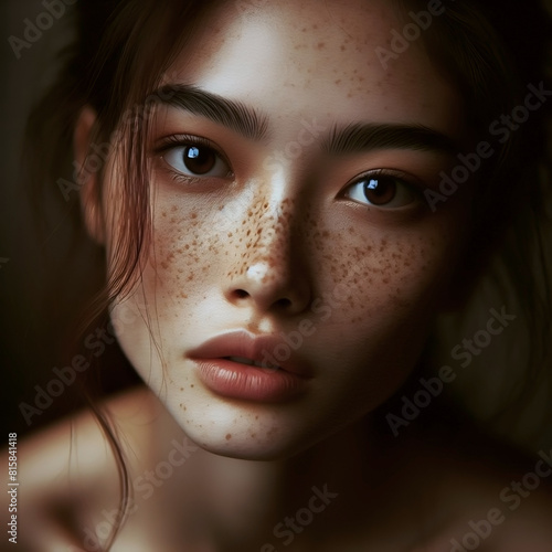 ritratto di giovane donna asiatica con lentiggini e volto espressivo su sfondo scuro in luce morbida, stile autoriale photo