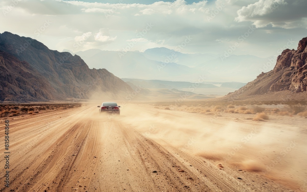 A car speeds across a dusty desert road near rugged mountains.