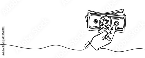A stack of money in hands, dollars in one line. Continuous money line drawing.