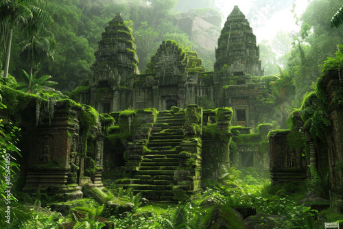 Fototapeta Naklejka Na Ścianę i Meble -  Majestic ancient ruins rising from the heart of a verdant jungle, with moss-covered stones, intricate carvings, and towering temple spires.