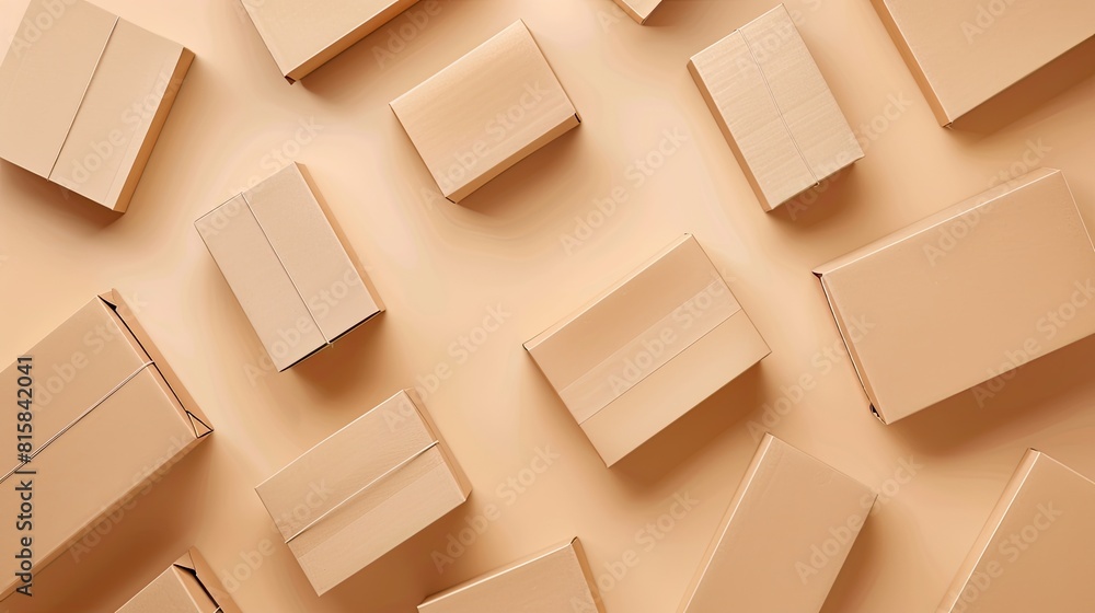 scattered brown cardboard boxes against a beige background, leaving ample space for product display mock-ups. scattered brown cardboard boxes against a beige background, leaving ample space for product display mock-ups.