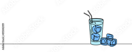 Glass of water with ice, old drink with a straw for drinking. Continuous one line drawing. Vector illustration.