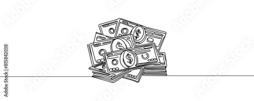 a stack of paper money, cash, banknotes, dollars, in one line. Continuous line drawing of dollars