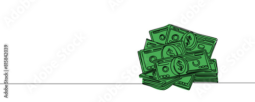 a stack of paper money, cash, banknotes, dollars, in one line. Continuous line drawing of dollars