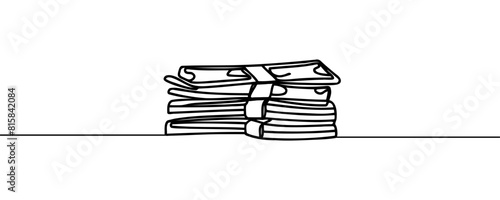 a stack of paper money, cash, banknotes, dollars, in one line. Continuous line drawing of dollars