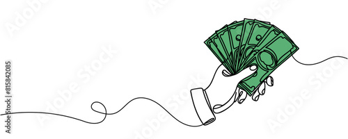 A stack of money in hands, 100 dollars in one line. Continuous money line drawing.