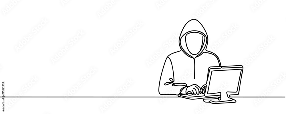 One line continuous cyber security hacker symbol. Silhouette of online financial security thief. vector illustration. One line continuous cyber security hacker symbol. Silhouette of online financial security thief. vector illustration.