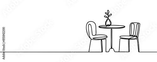 Continuous one line drawing of a chairs and table with a vase containing a plant. Scandinavian stylish furniture in a simple linear style. Vector illustration.
