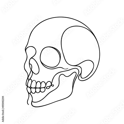 Human scull. One line continuous Halloween skull isolated on white background. Line art outline vector illustration.