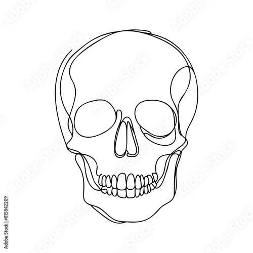 Human scull. One line continuous Halloween skull isolated on white background. Line art outline vector illustration.