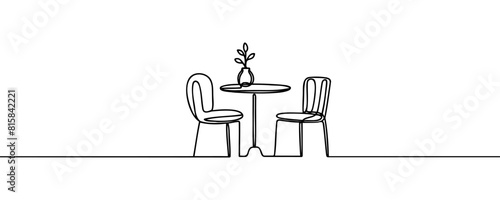 Continuous one line drawing of a chairs and table with a vase containing a plant. Scandinavian stylish furniture in a simple linear style. Vector illustration.