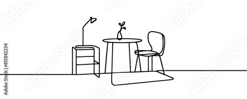 Continuous one line drawing of a chair and table with a vase containing a plant. Scandinavian stylish furniture in a simple linear style. Vector illustration