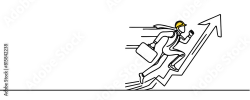 Continuous line art drawing of business man run into the top of up arrow for business, Vector illustration.