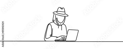 One line continuous cyber security hacker symbol. Silhouette of online financial security thief. vector illustration.