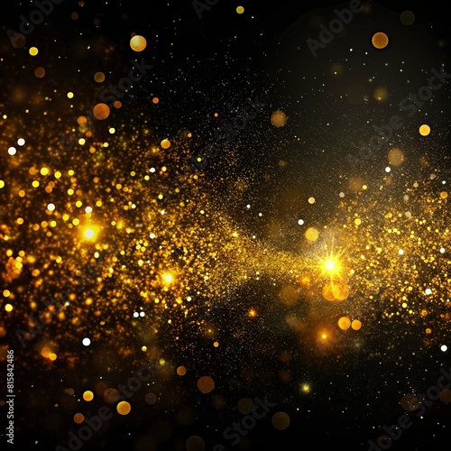 Golden glitter bokeh sparkles lights dark abstract overlay background.