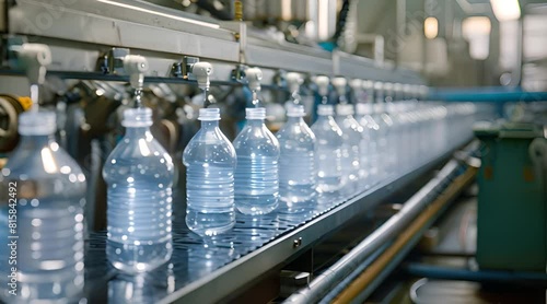 An assembly line in a factory filling clear plastic bottles with water. The bottles are lined up consecutively, and water is being dispensed from nozzles above. photo