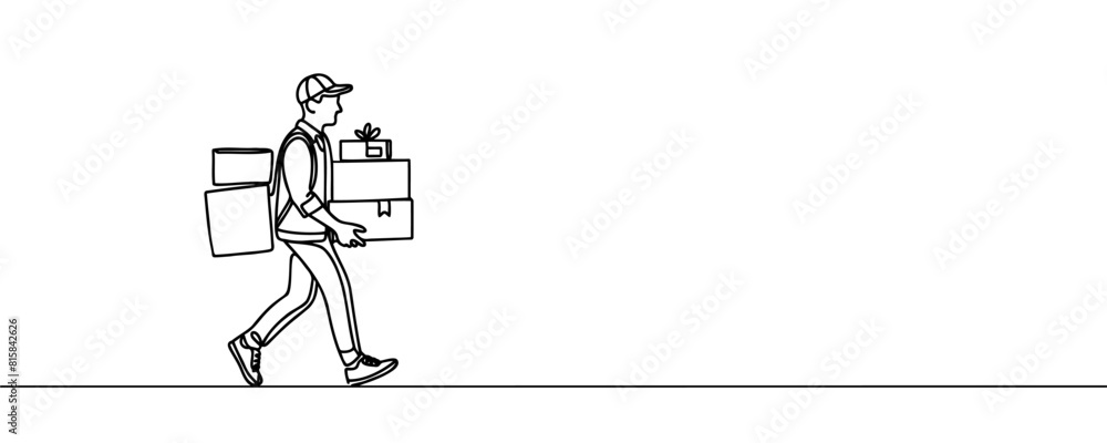 Delivery Rider Parcel Drawing continuous one line drawing of parcel delivery. Young guy with a ...