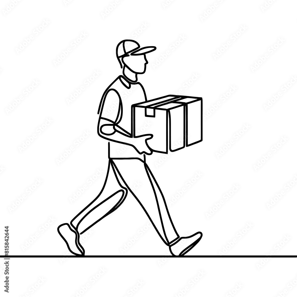 continuous one line drawing of parcel delivery. Young guy with a shopping delivery box on a white background
