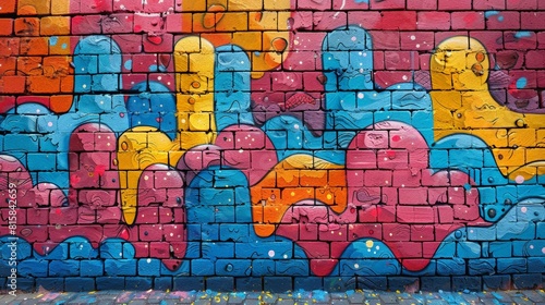 Street art. Colorful graffiti of abstract shapes on a brick wall.